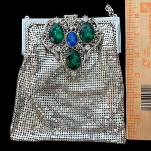 Whiting & Davis Silver Metal Mesh Evening Bag Jeweled Clasp Vtg 1940s READ